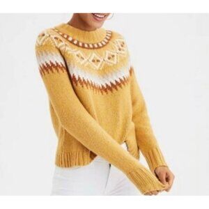 American Eagle Fair Isle Rib Edges Knit Crew Neck Sweater Long Sleeve Cotton Ble